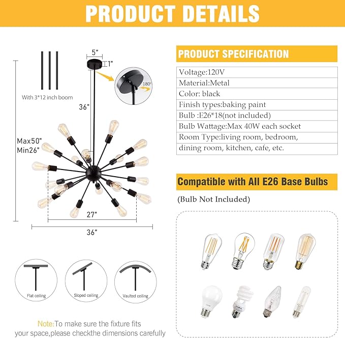 Sputnik Chandeliers Black, Modern 18-Light Farmhouse Pendant Light Mid Century Starburst Lighting Vintage Industrial Ceiling Hanging for Living Dining Room, Bedroom, Kitchen Island, Foyer, Hallway