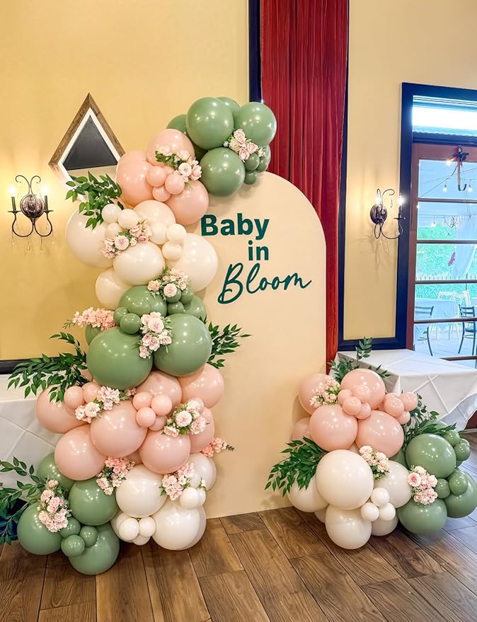 Baby in Bloom Balloon Arch Garland Kit - Pink and Green Balloon Arch Kit, Pink Sage Green Sand White Balloons with Bobo Balloons for Birthday Baby Shower Boho Wedding Party Decorations, 142Pcs