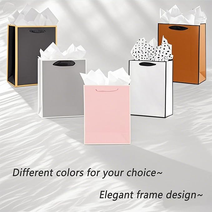 SHIPKEY 10 Pcs Luxury Pink Bags with Tissue Paper, Gift Bag for Men, Groomsmen Proposal Bag with White Frame, 8x4x11 Inches Kraft Paper Bags with Handles Bulk (20x10x28cm)