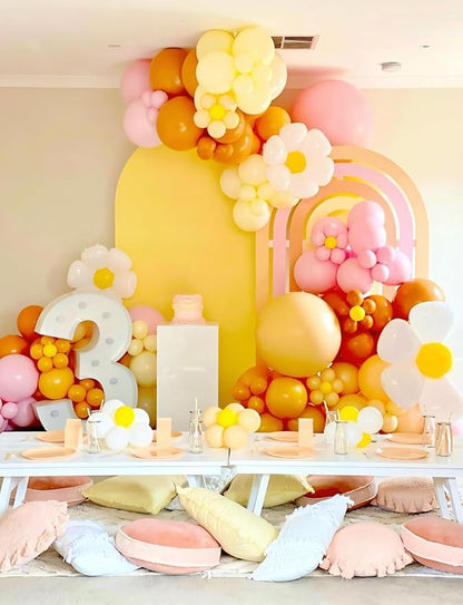 Boho Daisy Balloon Arch Garland Kit, 136Pcs Groovy Balloons Set with Pink Yellow Orange Nude Balloon, Daisy Flower Balloons for Two Groovy Birthday Baby Shower Wedding Party Decorations