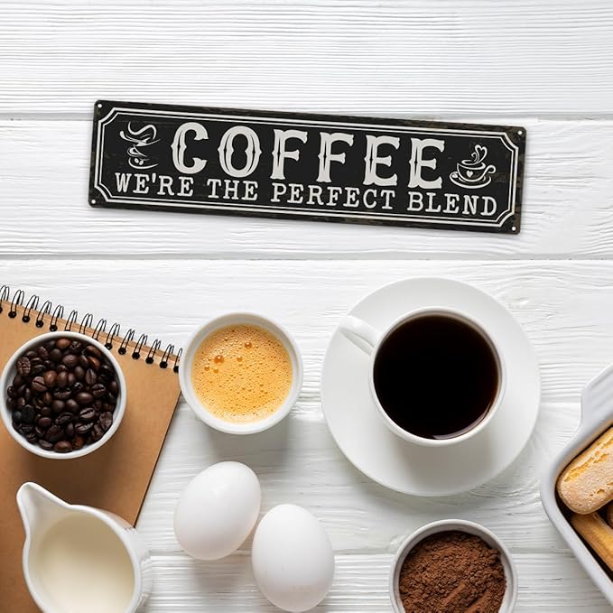 Coffee Metal Tin Signs, Coffee We're the Perfect Blend, Farmhouse Kitchen Decor for Wall, Vintage Style Home Decor, Cafe Decors, Decorative Metal Wall Signs 15.8x4 Inches, Coffees Lover Gifts