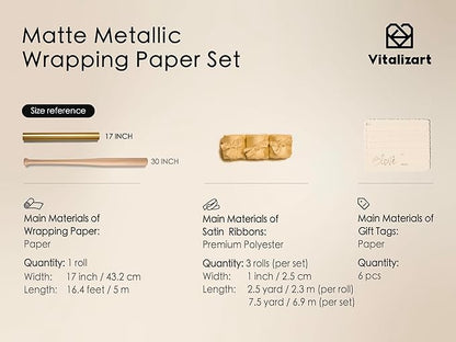Vitalizart Gold Matte Metallic Wrapping Paper Set 17" With Silk Satin Ribbon & Gift Tags Christmas Gift Wrapping Birthday Baby Shower Wedding Bouquets Handmade Crafts 197"(16.4 Ft) Gold Ribbon