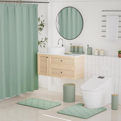 Sage Green Bathroom Accessories Set, 25 Pcs Bathroom Decor Set with Shower Curtain, Rugs, Trash Can, Soap Dispenser, Toothbrush Holder, Tumbler, Soap Dish, Storage Jars and Hooks for Guest Bath