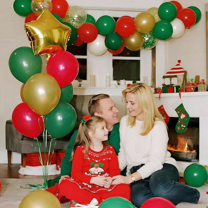 Christmas Red Green Gold Balloons Set, 60Pcs 12 Inch Red Green White Metallic Gold Confetti Latex Balloon Kit for Christmas Grinch Birthday Party Decorations
