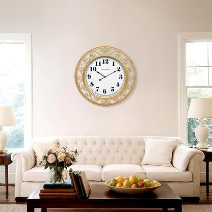 SwallowLiving 24 Inch Vintage Iron Large Metal Frame Gold Wall Clock Silent, Battery Operated, Elegant Retro Decor for Living Room, Kitchen, Office, Dining Room, and Bedroom