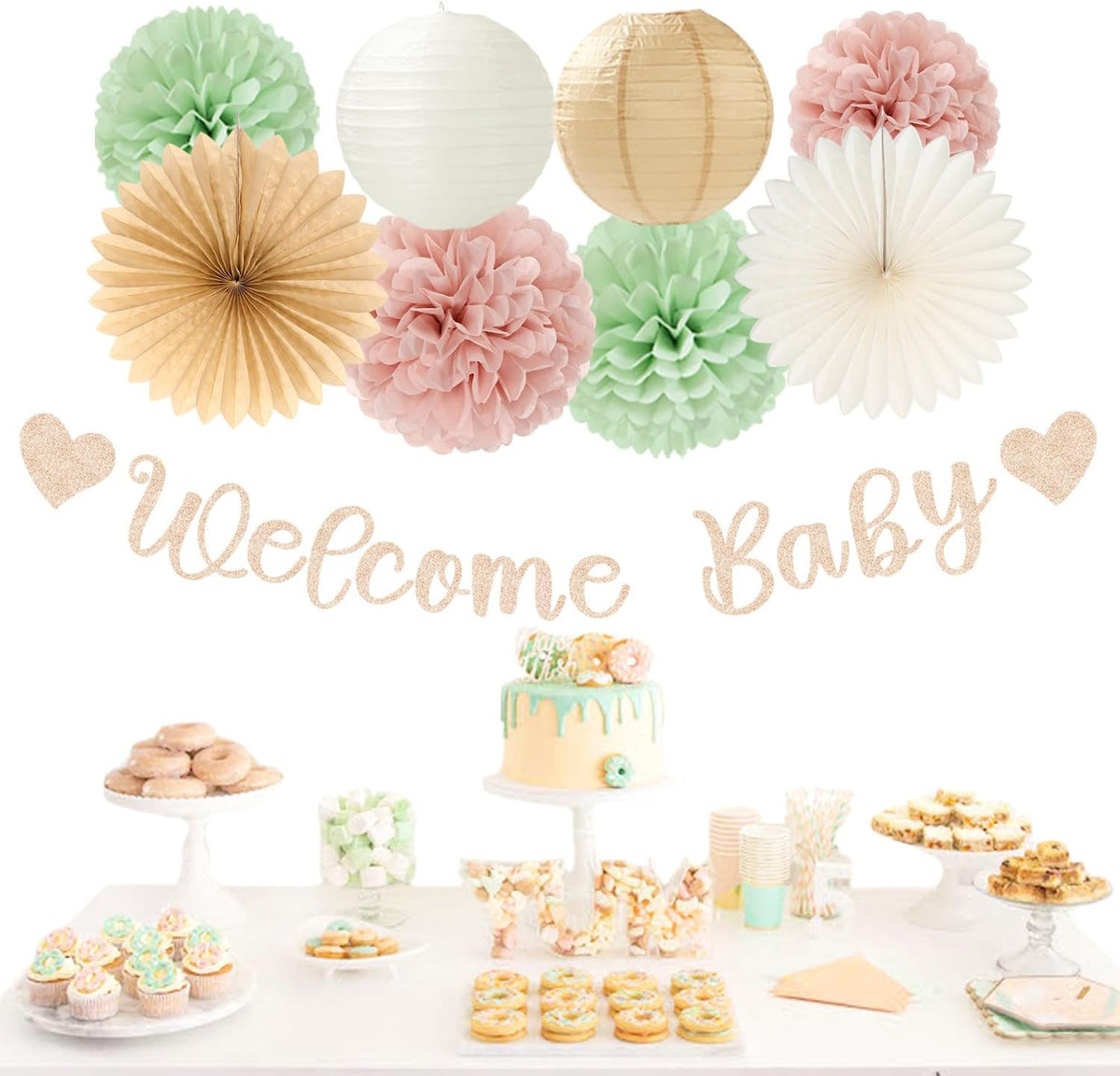Sage-Green Pink-Beige Baby-Shower Party-Decorations - 36pcs Welcome Home Banner Sign,Girl Paper Lanterns,Neutral Streamers Garland,Boho Tissue Pom Poms Flowers Fans Backdrop Decor Burgleda
