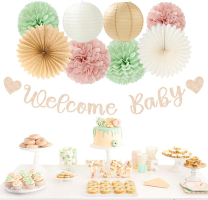 Sage-Green Pink-Beige Baby-Shower Party-Decorations - 36pcs Welcome Home Banner Sign,Girl Paper Lanterns,Neutral Streamers Garland,Boho Tissue Pom Poms Flowers Fans Backdrop Decor Burgleda