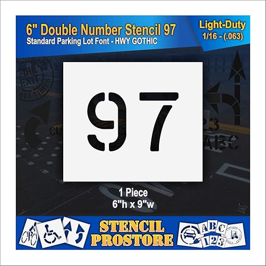 Pavement, Curb, and WheelStop Stencils - 6 inch Double Number Stencil - (97) - 6" x 9" x 1/16" (63 mil) - Light-Duty