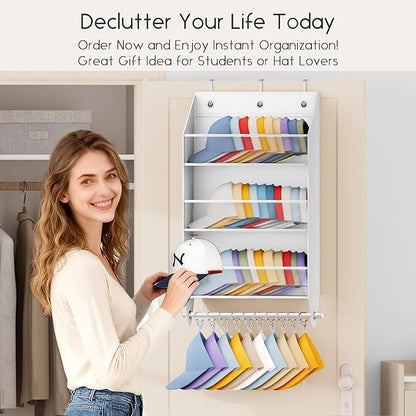 Homsorout Over the Door Hat Rack - 3-Layer Design Hat Organizer Holds 30-36 Hats with 10 Hooks, Ideal Hat Rack for Door, Over the Door Organizer for Closet, Apartment, Bedroom, Dorm, 1 Pack, White