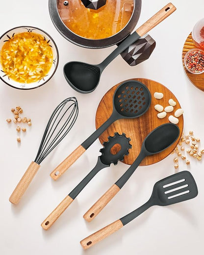 Kitchen Utensils Set, 13PCS Silicone Cooking Utensils, Heat Resistant Kitchen Utensil Spatula Set for Nonstick Cookware, Wooden Handles Kitchen Gadgets Tools Set