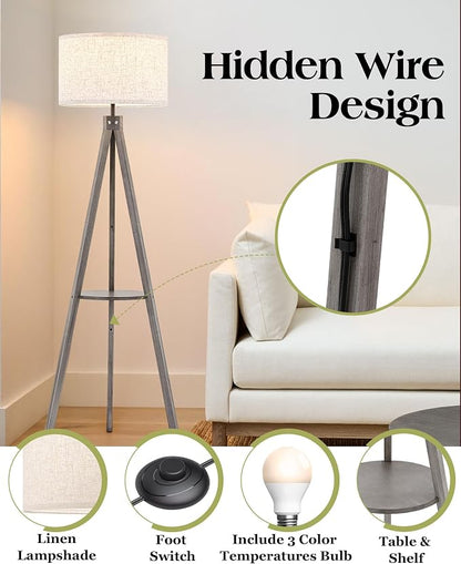 ELYONA Farmhouse Wood Tripod Floor Lamp with Table, Modern Reading Standing Lamp with 3 Color Temperatures LED Blub & Linen Shade, Shlef Coner Light for Living Room, Bedroom, Study Room, Office, Grey