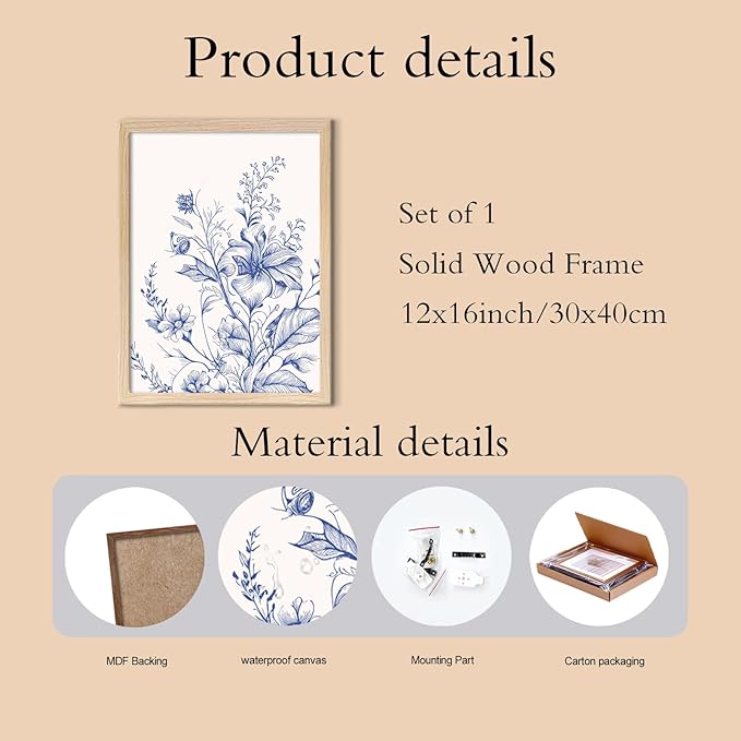 Blue Floral Canvas Wall Art, Blue Line Flower Wall Decor, Blue White Chinoiserie Wildflower Pictures Prints Minimalist Botanical Artwork for Bedroom Living Room Bathroom Kitchen 12x16 in Framed