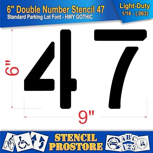 Pavement, Curb, and WheelStop Stencils - 6 inch Double Number Stencil - (47) - 6" x 9" x 1/16" (63 mil) - Light-Duty