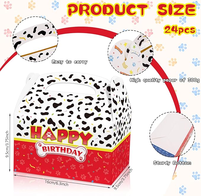Beehaam 24 Pack Dog Paw Party Favor Treat Boxes, Cartoon Puppy Paw Theme Gable Gift Bags, Large Candy Goodie Cake Snack Paper Bags for Happy Birthday Baby Shower Party Decorations Supplies