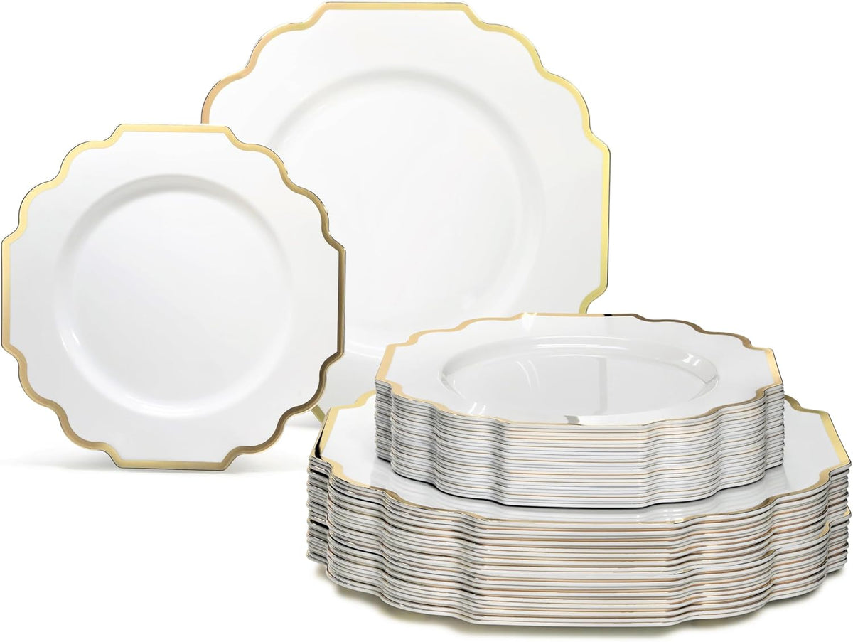 " OCCASIONS " 80 Plates Pack,(40 Guests) Heavyweight Wedding Party Disposable Plastic Plates Set -40 x 10.5'' Dinner + 40 x 8'' Salad/Dessert Plate (Imperial White & Gold)