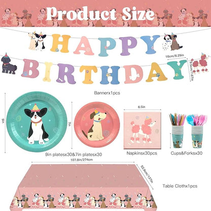 182Pcs Pet Dog Birthday Party Decorations,Retro Puppy Themed Paper Plates Napkins Disposable Pet Dog Tableware Supplies Serve 30 Guests,for Baby Shower Kids Birthday Party Favor