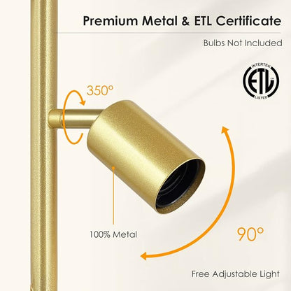 BoostArea Tree Floor Lamp, Brass Gold Industrial Floor Lamp, Modern Standing Lamp with Adjustable 3 Light, E26 Socket, Rotary Switch, Boho Stand Up Lamp Pole Lamps for Living Room, Bedroom (No Bulbs)