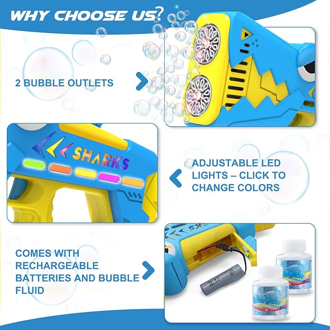 Bubble Gun for Kids Ages 4-8: Shark Light Up Bubble Machine for Toddlers, Rechargeable, 2 Bubble Solution, Outdoor Toy Party Birthday Gift for 3 4 5 6 7 8 Year Old