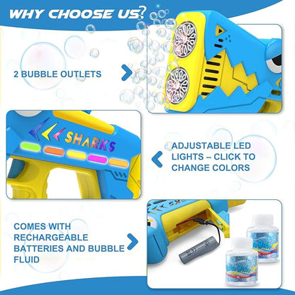 Bubble Gun for Kids Ages 4-8: Shark Light Up Bubble Machine for Toddlers, Rechargeable, 2 Bubble Solution, Outdoor Toy Party Birthday Gift for 3 4 5 6 7 8 Year Old