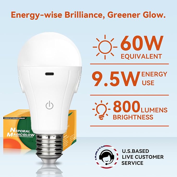 Neporal MagicGlow Rechargeable Light Bulb with Memory Mode, Remote & Touch Control – Dimmable A19 Battery Operated Bulb for Indoor Wall Sconce, Nursery, Bedroom, Kitchen
