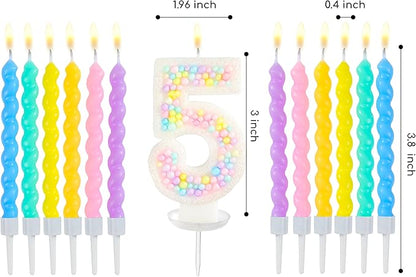 PHD CAKE Number 5 Birthday Candle Macaron Glitter Number Candle with Rainbow Spiral Candles in Holders for Cake Topper, Pastel Sweet Theme Party Decoration