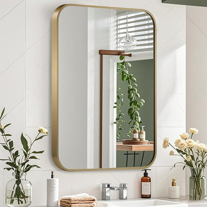 Gold Mirror, 24x32 Inch Framed Rectangle Mirror with Rounded Corner, Brushed Brass Mirror, Gold Bathroom Mirror for Over Sink, Vanity, Living Room, Bedroom, Horizontal/Vertical