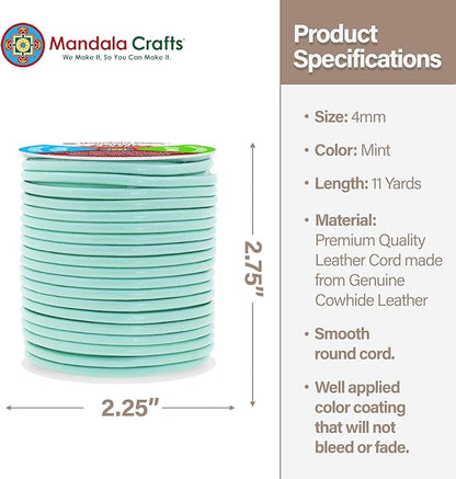 Mandala Crafts Round Genuine Mint Leather Cord for Jewelry Making – 4mm Cowhide Leather Rope String Lace for Kumihimo – 11 Yards Cowhide Craft Cording Spool