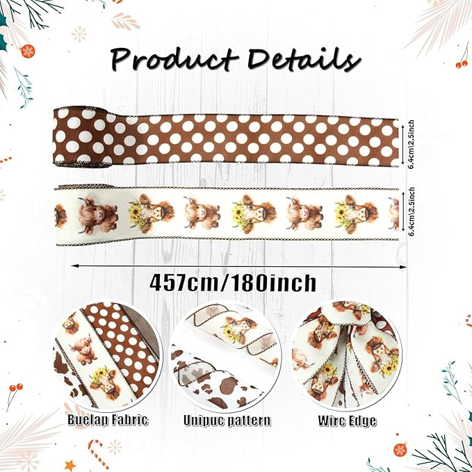 Summer Fall Highland Cow Print Ribbons Wired Edge, 4Rolls, 2.5inch X 20Yards, Brown and Dots Gift Wrapping Ribbons, Home Decor, DIY Crafts, Party Favor, Floral Arrangement Wreath Bow (Brown)