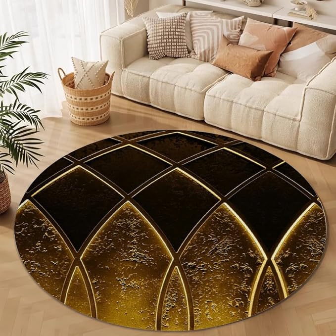 Luxury Black Gold Round Rug Vintage Golden Texture Living Room Circle Area Rugs 6ft Washable Soft Non Slip Low Pile Indoor Floor Carpet for Bedroom Office Kitchen Coffee Table