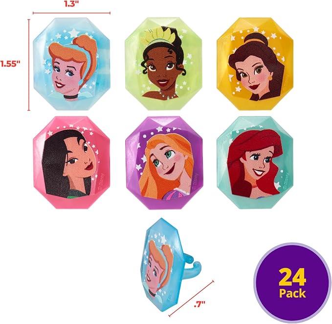 DecoPac Disney Princess Gemstone Rings, Cupcake Decorations Featuring Mulan, Cinderella, Tiana, Belle, Rapunzel and Ariel, Multicolored 3D Food Safe Cake Toppers – 24 Pack