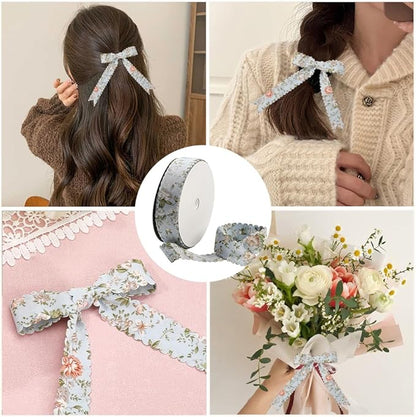 20 Yards Blue Floral Print Ribbon Flower Pattern Ribbon Vintage Spring Polyester Wavy Edge Ribbons Bulk with Spool for Sewing Making Wreath Wedding Crafts Bouquet Birthday Decor Christmas