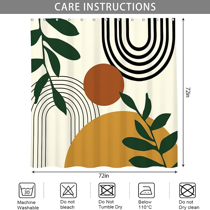 Boho Geometric Shower Curtain Beige Mid Century Abstract Arch Curve Bathroom Curtain Minimalistic Sun Shower Curtain Sets Bathroom Extra Long 72x108 in with 12 Hooks