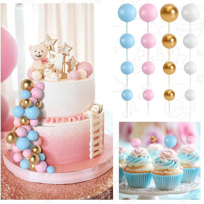 138 Pcs Balls Cake Topper Decorations Balloon Cupcake Toppers Foam Multisize Cake Topper Balls for Birthday Party Wedding Anniversary (Blue,Pink,Gold)