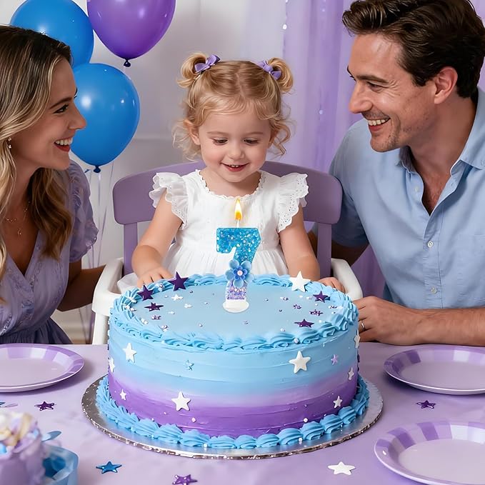Blue Purple Flower Birthday Number Candles, Flower Theme Party Decorations, Cupcake Decorations, Suitable for Party Celebrations, Boys and Girls Birthday Decorations（7）