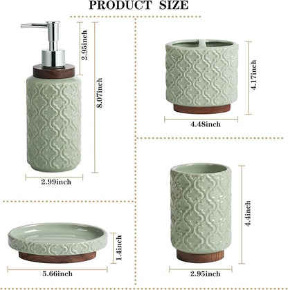 RQYIXI 4 Piece Bathroom Accessories Set, Green Ceramic Bath Accessory Set with Wood Accents, Soap Dispenser, Toothbrush Holder, Tumbler and Soap Dish, Elegant Bathroom Countertop Decor