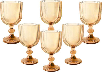 Vintage Wine Glasses Set of 6, 11 Ounces Colored Glass Water Goblets, Colorful Unique Embossed Pattern High Clear Stemmed Glassware Wedding Party Bar Glass Drinking Cups Vertical Line Gold Amber