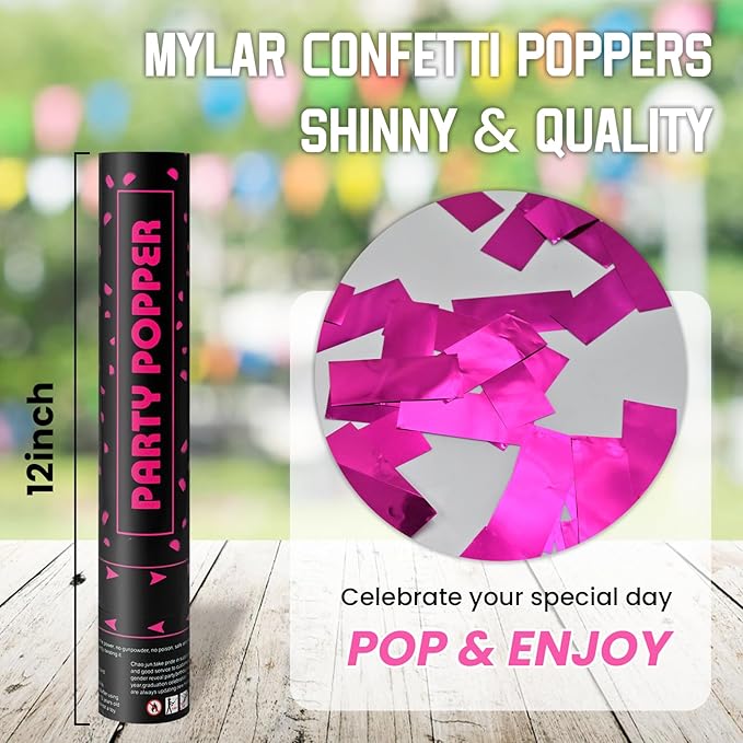 Party Poppers Confetti Cannon 12 Pack Royal Pink Confetti Popper Cannons 12Inch Mylar Shooters Foil Pink Party Bulk for Wedding Birthday Graduation Baby Gender Reveal Christmas New Year Celebration