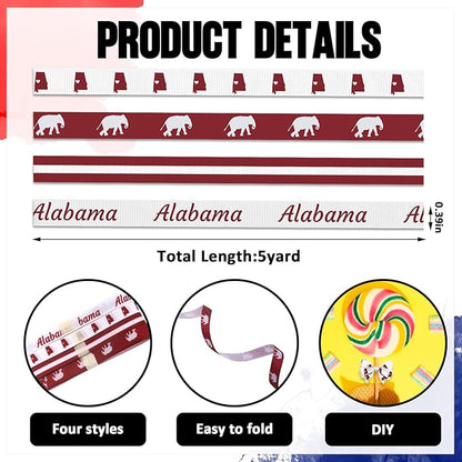 4 PCS Alabama Ribbons for Crafting, 3/8" Width Red Black Stripes Grosgrain Ribbons Map Elephants Craft Ribbons for Gift Wrapping DIY Sports Birthday Decorations