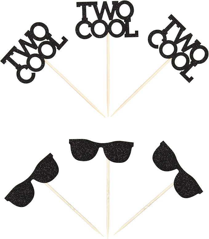 Ercadio 24 Pack Two Cool Glasses Cupcake Toppers Black Glitter 2nd Birthday Cupcake Picks Baby Shower Kids Second Birthday Party Cake Decorations