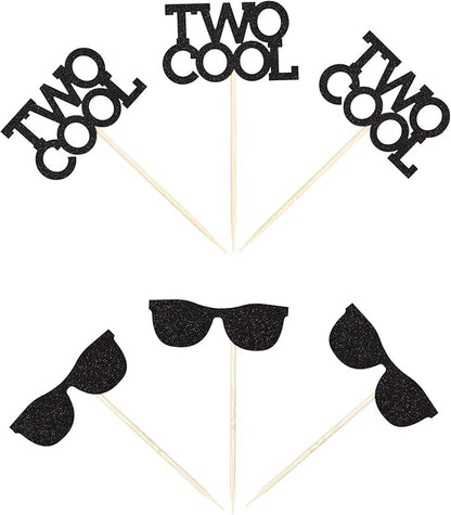Ercadio 24 Pack Two Cool Glasses Cupcake Toppers Black Glitter 2nd Birthday Cupcake Picks Baby Shower Kids Second Birthday Party Cake Decorations