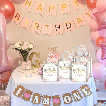 Tyndallrays 16 Pieces Miss Onederful One First Birthday Party Favors Bags,Onederful 1st Birthday Girl Gift Snacks Treat Candy Party Favors Bags with Handles for Girls 1st Birthday Party Decorations