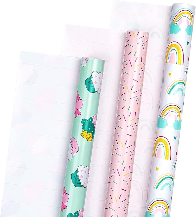 LeZakaa Mini Wrapping Paper Roll - Mini Roll - Cupcake/Rainbow/Colorful Stripe for Birthday, Party, Holiday, Baby Shower - 17 x 120 inches - 3 Rolls (42.5 sq.ft.ttl.)