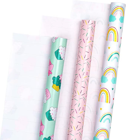 LeZakaa Mini Wrapping Paper Roll - Mini Roll - Cupcake/Rainbow/Colorful Stripe for Birthday, Party, Holiday, Baby Shower - 17 x 120 inches - 3 Rolls (42.5 sq.ft.ttl.)