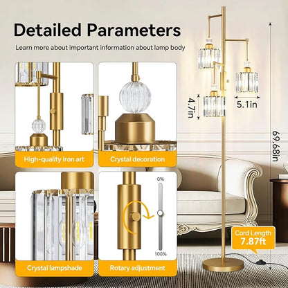Black Tree Floor Lamp with 3 Crystal Cage Lampshades & Dimmable Bulbs - 70" Vintage Glam Standing Lamp for Living Room Bedroom, Industrial Modern Decor with Crystal Ball Accents (Gold)