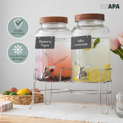 Ilyapa Glass Drink Dispensers for Parties with Stand - 2 Pack, 1.5 Gallon for Ice Water, Lemonade, Juice, Sangria, & Punch Tower Cookout Essentials