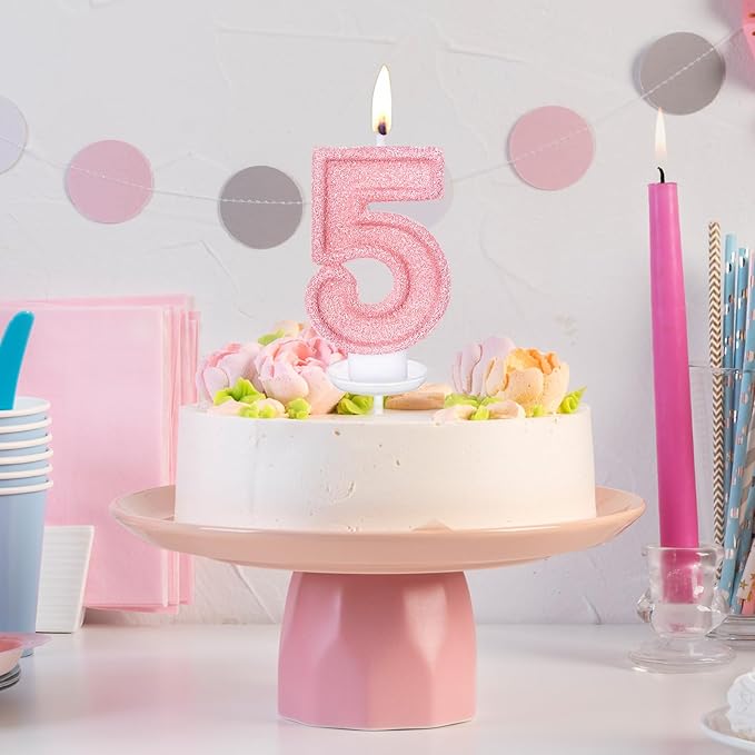 Cute Number 5 Birthday Candle, Glitter Pink Number Candles, Birthday Cake Topper Decoration, Party Supplies Anniversary Celebrations