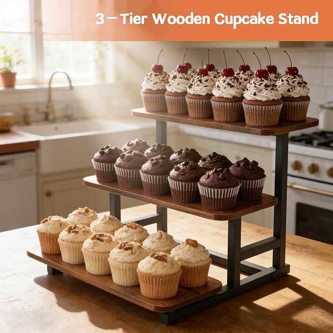 3 Tier Cupcake Stand, Rustic Wood & Metal Tiered Display Stand, Stepped Dessert Table Riser for Wedding, Party & Farmers Market