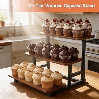 3 Tier Cupcake Stand, Rustic Wood & Metal Tiered Display Stand, Stepped Dessert Table Riser for Wedding, Party & Farmers Market