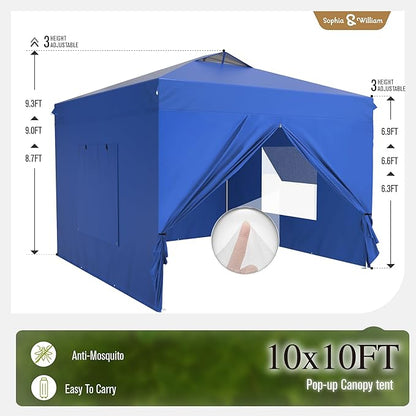 Sophia & William Canopy Tent Pop Up 10x10 ft One Person Push Set Up Canopies with 4 Sidewalls, Outdoor Shelter Heavy Duty Straight Legs with 4 Sandbags & 1 Roller Bag, 8 Stakes & 4 Guy Ropes, UPF50+