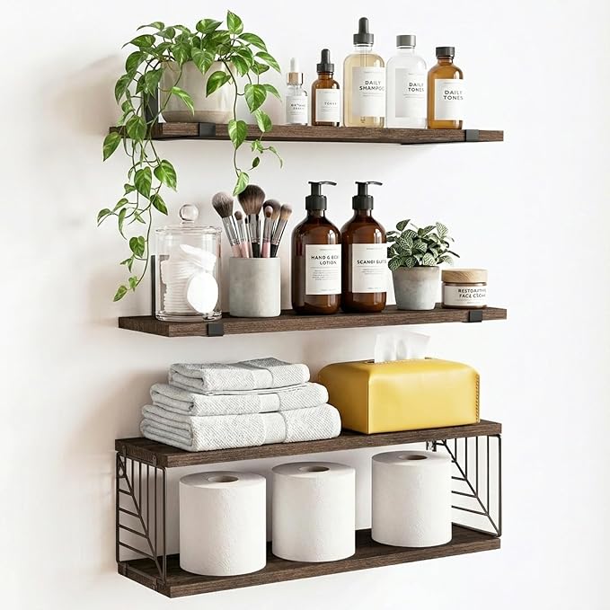Fixwal Bathroom Floating Shelves Over Toilet, 15.8in Farmhouse Rustic Wood Shelves, Wall Decor for Bathroom, Living Room, Bedroom and Kitchen (3 Plus 1 Tier Dark Brown)